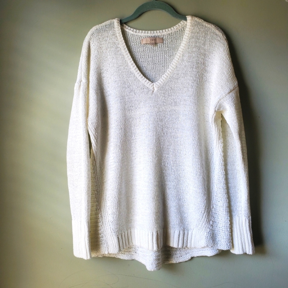 Loft Women's Open Knit Long Line V-neck Sweater Oversized Size Medium